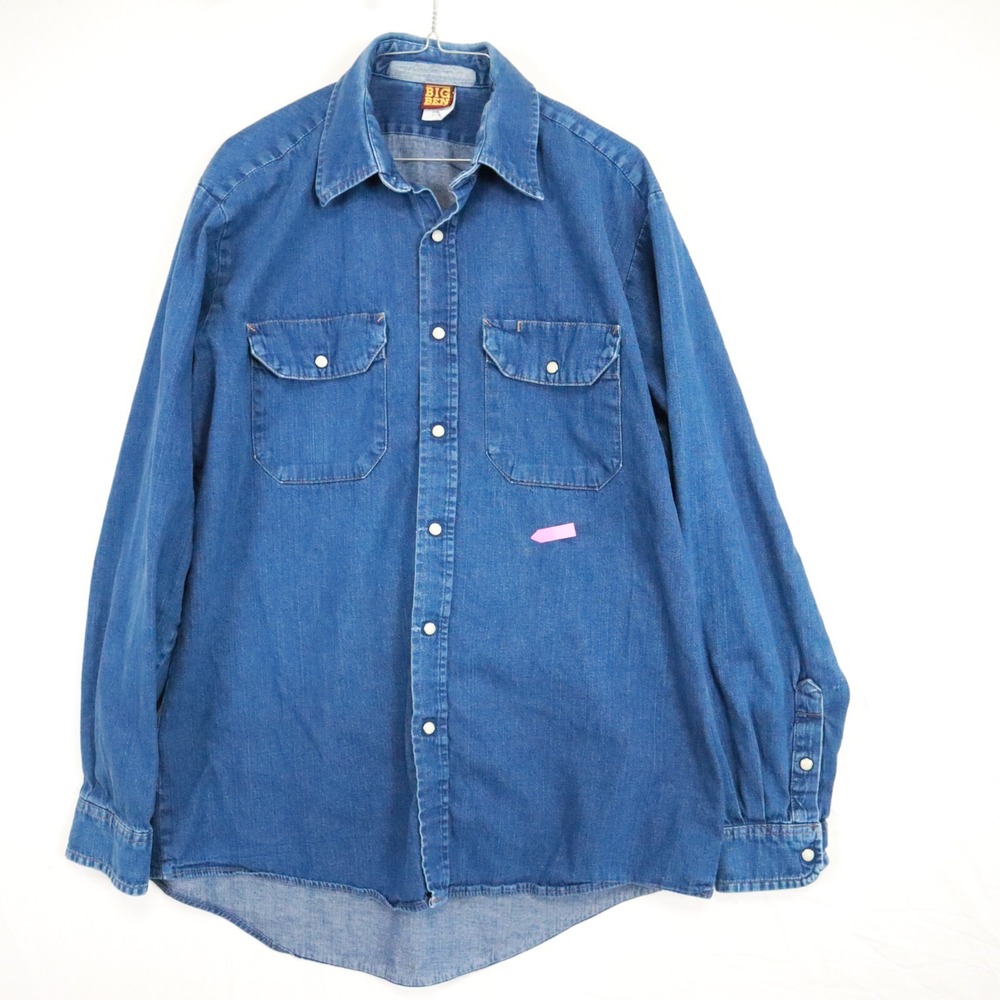 Big Ben Shirt Mens Large Denim‎ Western Flap Pocket Pearl Snap Blue Long Sleeve